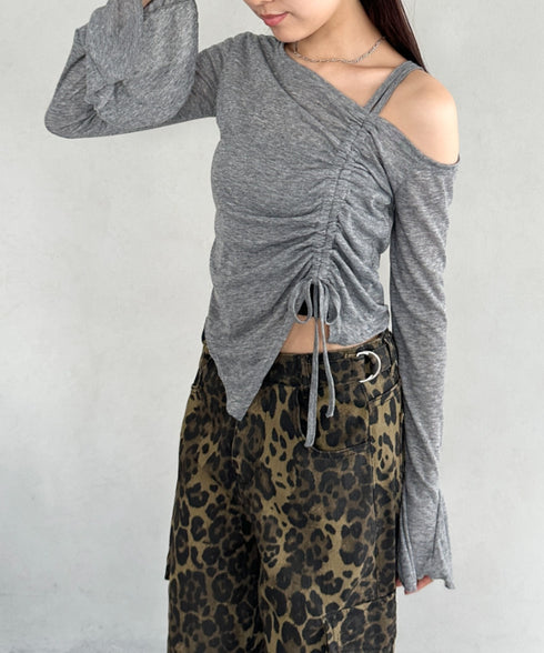 サイドシャーリングワンショルダーシアー長袖トップス | BA2253006 | グレー