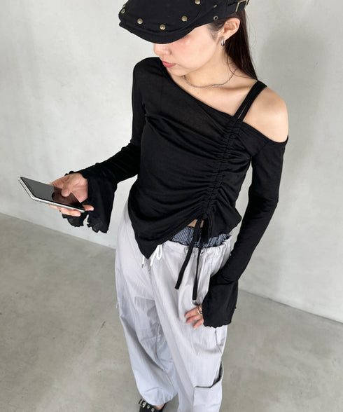 サイドシャーリングワンショルダーシアー長袖トップス | BA2253006 | ブラック