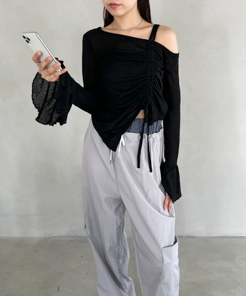 サイドシャーリングワンショルダーシアー長袖トップス | BA2253006 | ブラック