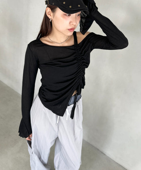 サイドシャーリングワンショルダーシアー長袖トップス | BA2253006 | ブラック