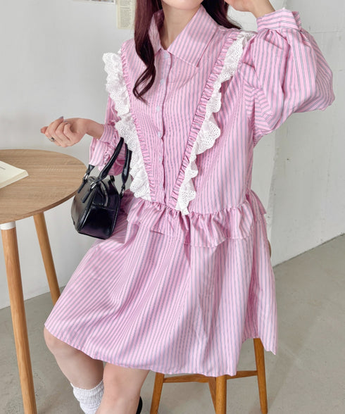 フリルレースストライプミニワンピース | SL2256055 | ピンク