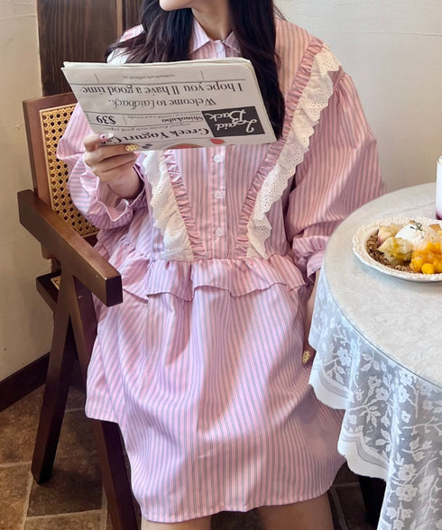 フリルレースストライプミニワンピース | SL2256055 | ピンク