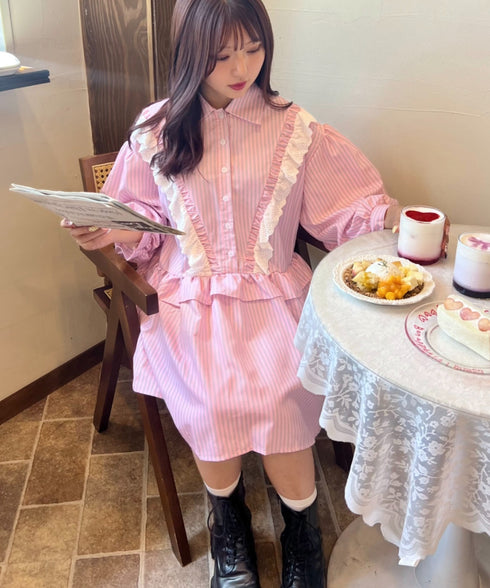 フリルレースストライプミニワンピース | SL2256055 | ピンク