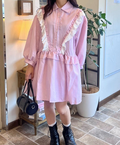 フリルレースストライプミニワンピース | SL2256055 | ピンク
