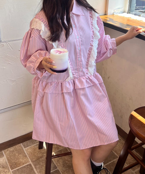 フリルレースストライプミニワンピース | SL2256055 | ピンク