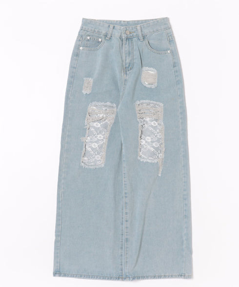 レースダメージデニムパンツ | SL2256064 | ライトブルー