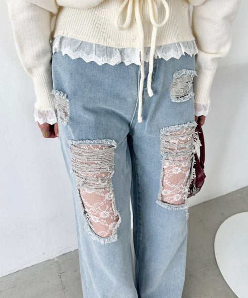 レースダメージデニムパンツ | SL2256064 | ライトブルー