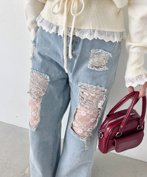 レースダメージデニムパンツ | SL2256064 | ライトブルー