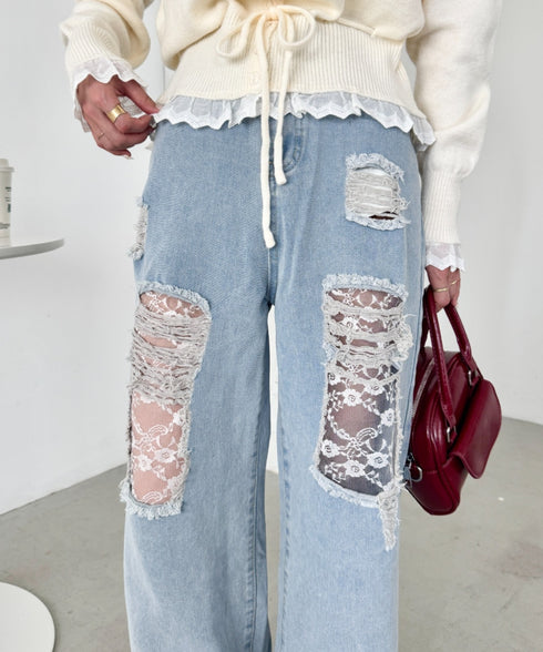 レースダメージデニムパンツ | SL2256064 | ライトブルー