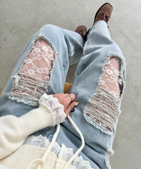 レースダメージデニムパンツ | SL2256064 | ライトブルー