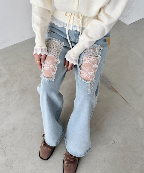 レースダメージデニムパンツ | SL2256064 | ライトブルー