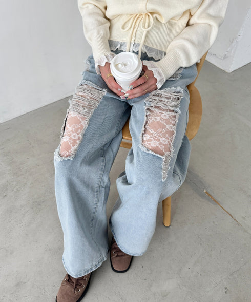 レースダメージデニムパンツ | SL2256064 | ライトブルー