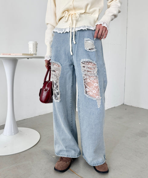 レースダメージデニムパンツ | SL2256064 | ライトブルー