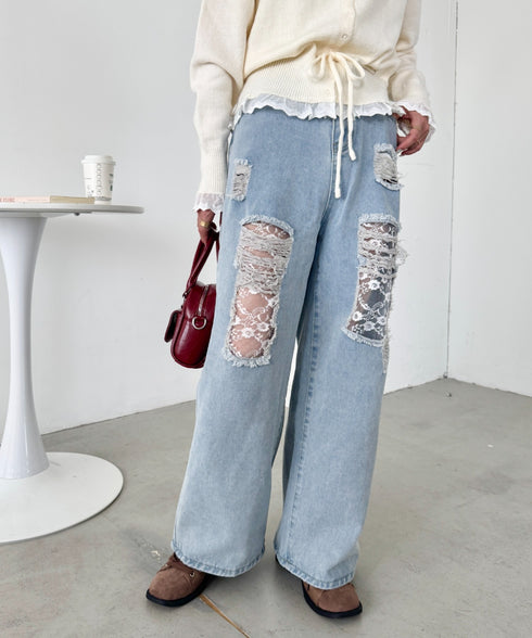 レースダメージデニムパンツ | SL2256064 | ライトブルー