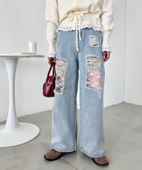 レースダメージデニムパンツ | SL2256064 | ライトブルー