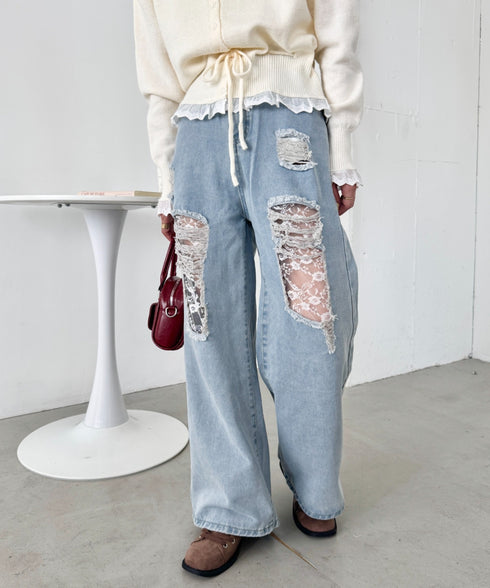レースダメージデニムパンツ | SL2256064 | ライトブルー