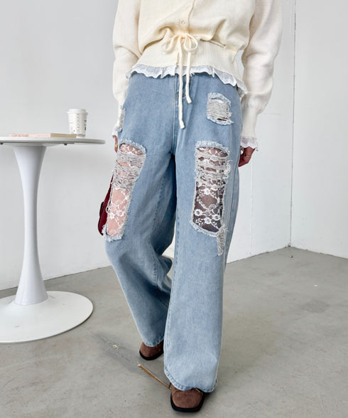 レースダメージデニムパンツ | SL2256064 | ライトブルー