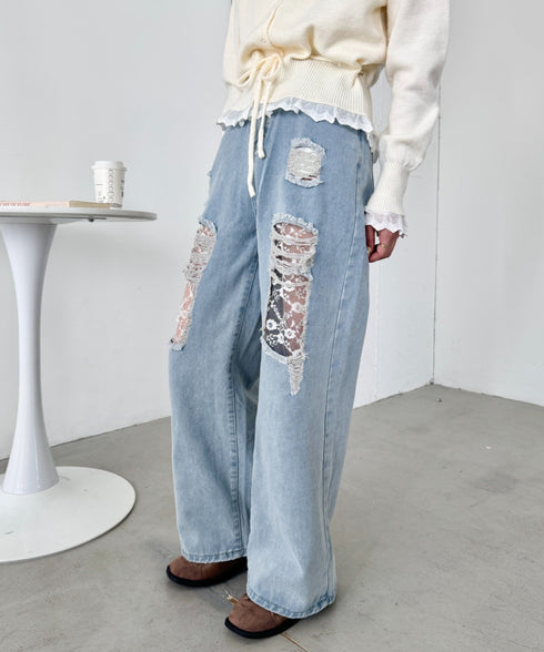 レースダメージデニムパンツ | SL2256064 | ライトブルー