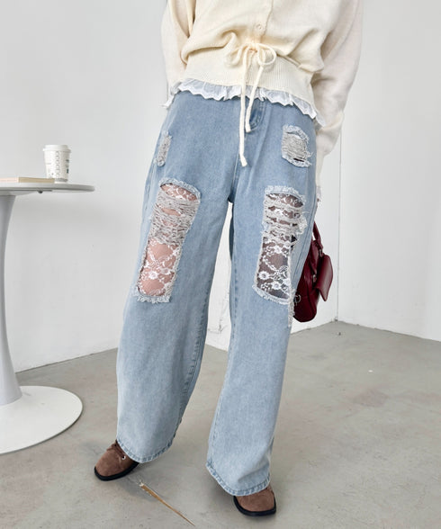 レースダメージデニムパンツ | SL2256064 | ライトブルー