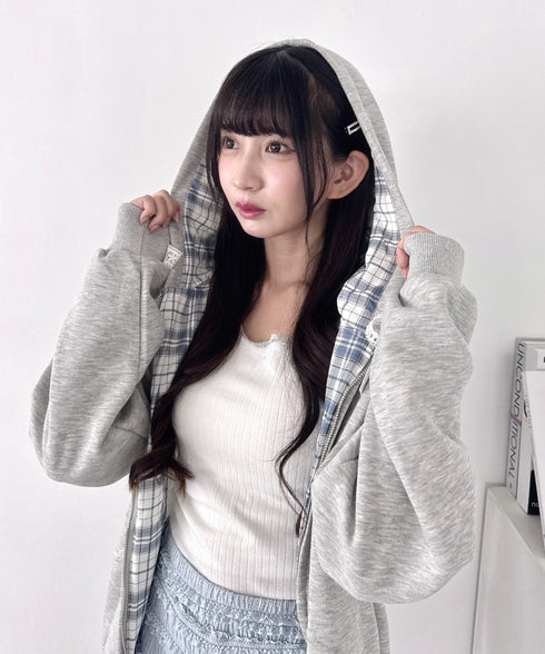レースリボンフードチェックパーカー | LO2256026 | グレー