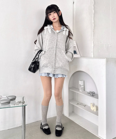 レースリボンフードチェックパーカー | LO2256026 | グレー