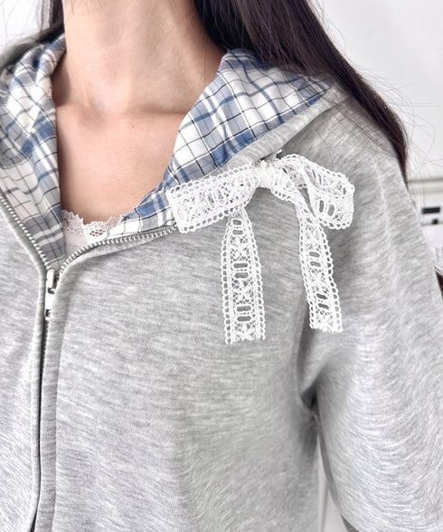 レースリボンフードチェックパーカー | LO2256026 | グレー