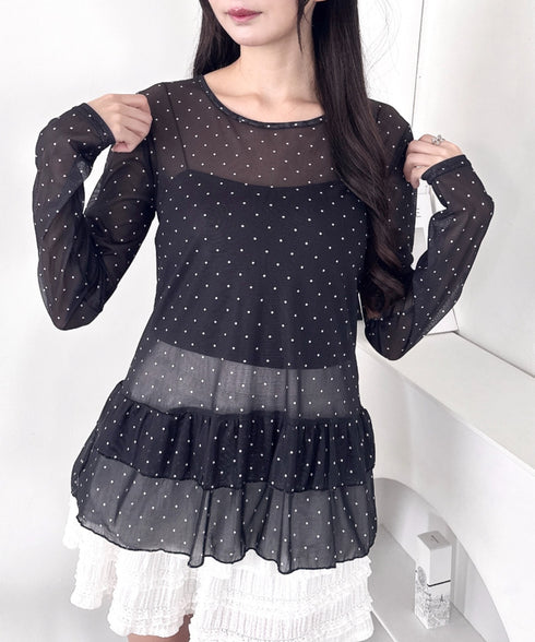 裾フリルドットティアードトップス | LO2253010 | ブラック