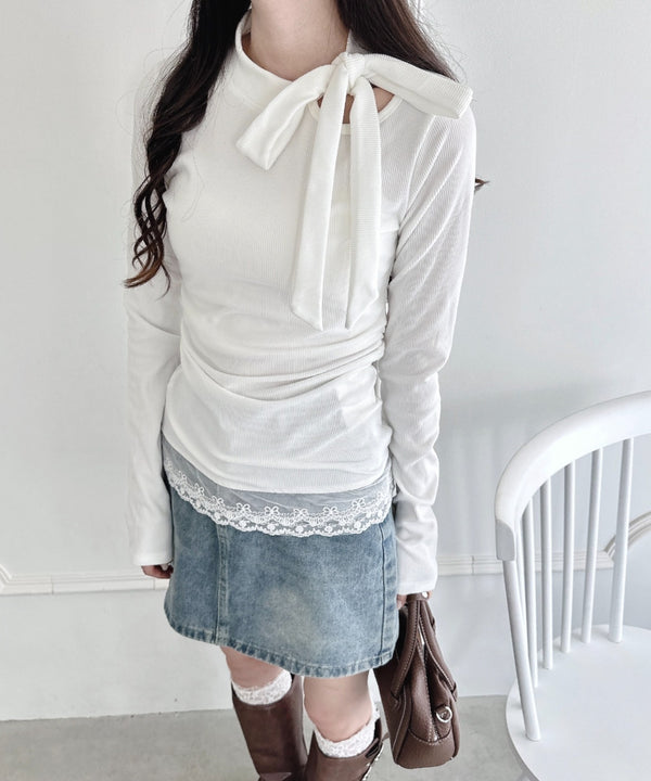 裾レースリボンリブトップス | LO2256035 | アイボリー