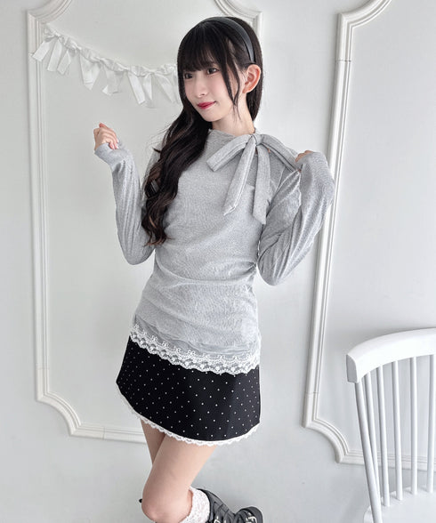 裾レースリボンリブトップス | LO2256035 | グレー