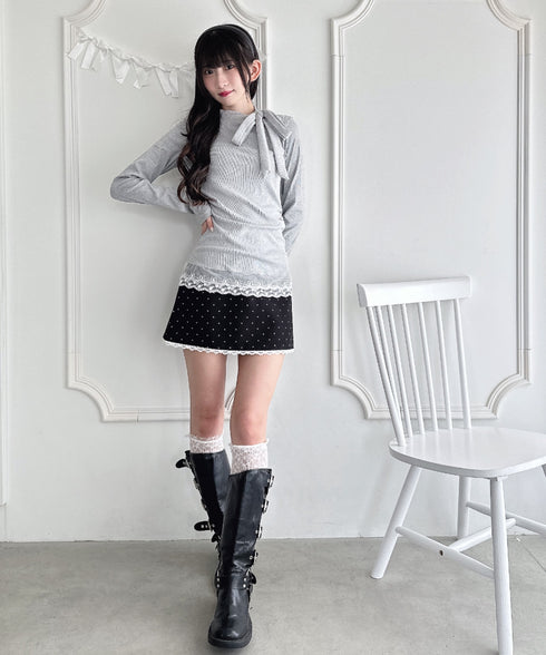 裾レースリボンリブトップス | LO2256035 | グレー