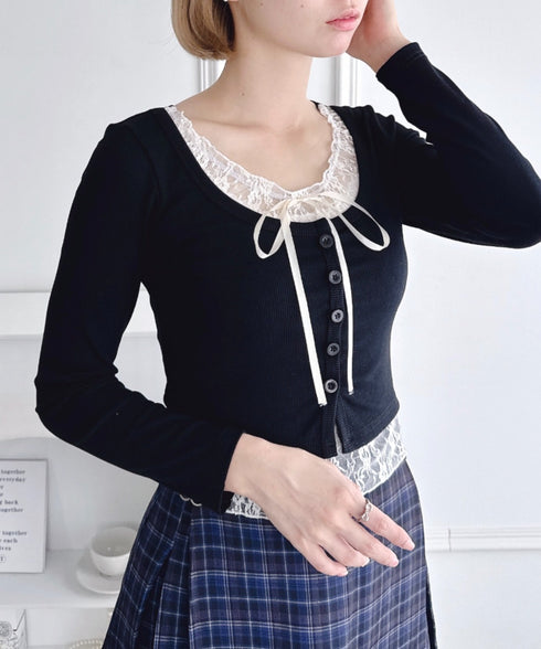 レースリボンレイヤードトップス | LO2253013 | ブラック