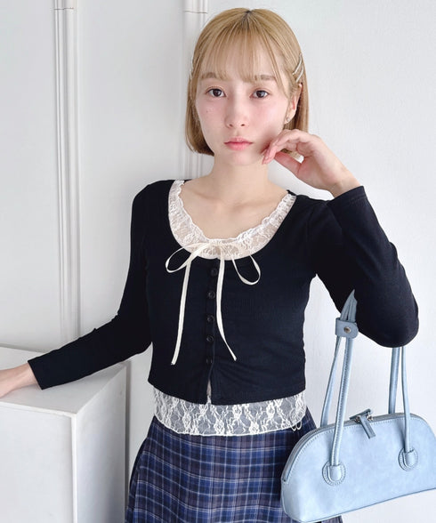 レースリボンレイヤードトップス | LO2253013 | ブラック