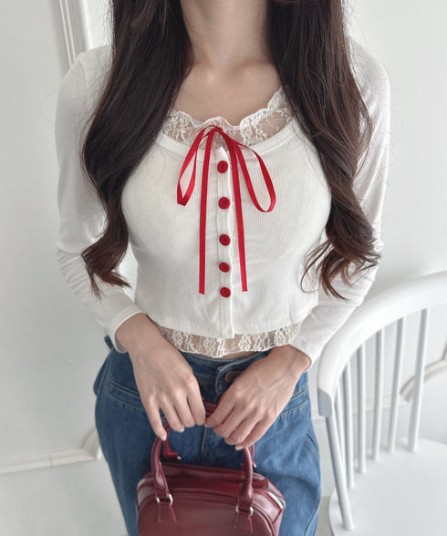 レースリボンレイヤードトップス | LO2253013 | ホワイト