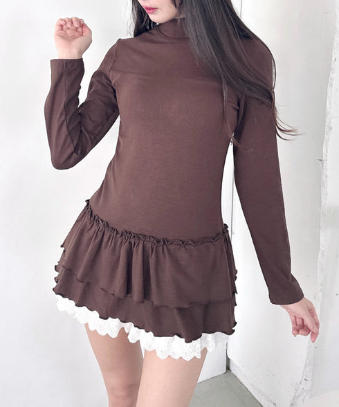 裾フリルティアードハイネックトップス | LO2253016 | ブラウン