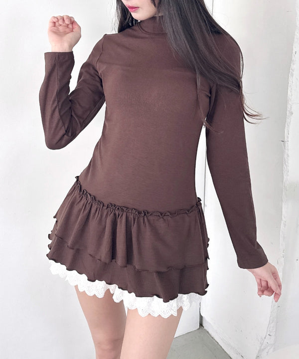 裾フリルティアードハイネックトップス | LO2253016 | ブラウン