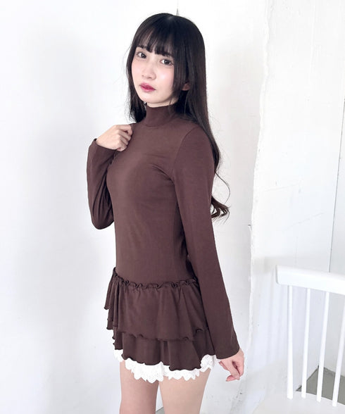 裾フリルティアードハイネックトップス | LO2253016 | ブラウン