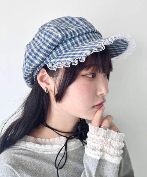 レース付きチェックキャスケット | SL5256069 | ブルー