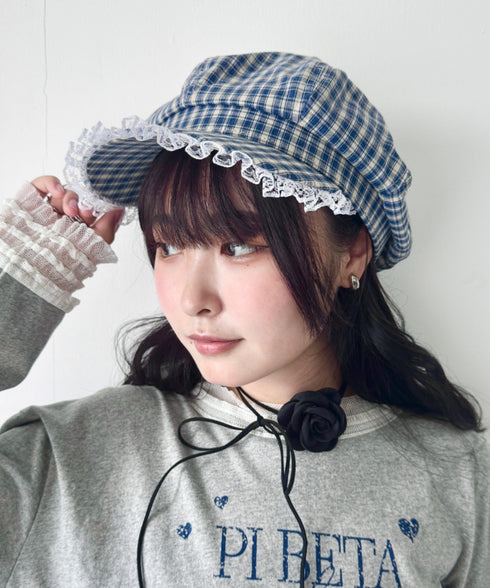 レース付きチェックキャスケット | SL5256069 | ブルー