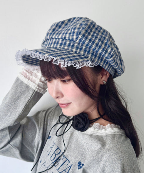 レース付きチェックキャスケット | SL5256069 | ブルー