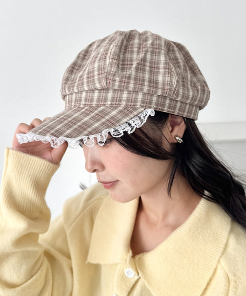 レース付きチェックキャスケット | SL5256069 | ブラウン