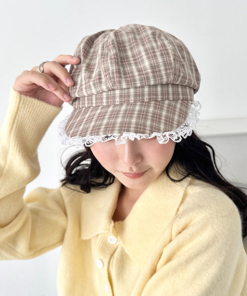 レース付きチェックキャスケット | SL5256069 | ブラウン