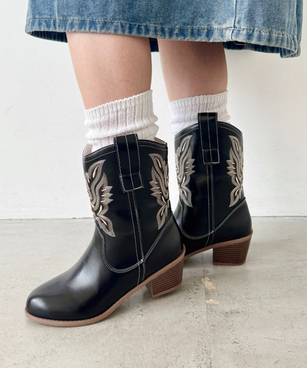 刺繍入りミドルウエスタンブーツ | SL3256073 | ブラック
