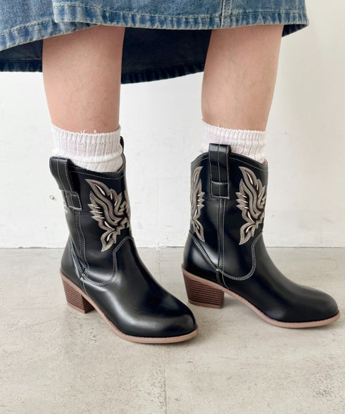 刺繍入りミドルウエスタンブーツ | SL3256073 | ブラック