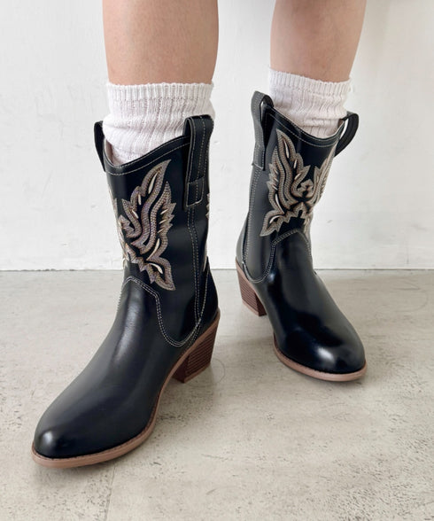 刺繍入りミドルウエスタンブーツ | SL3256073 | ブラック