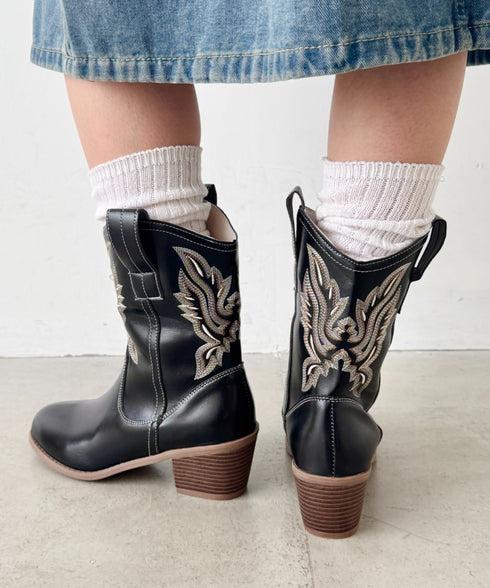 刺繍入りミドルウエスタンブーツ | SL3256073 | ブラック