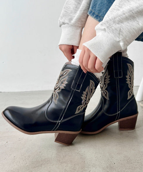 刺繍入りミドルウエスタンブーツ | SL3256073 | ブラック