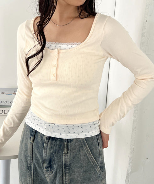 カップ付き小花柄レイヤードコンパクトトップス | CL2253016 | アイボリー