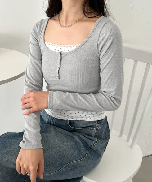 カップ付き小花柄レイヤードコンパクトトップス | CL2253016 | グレー