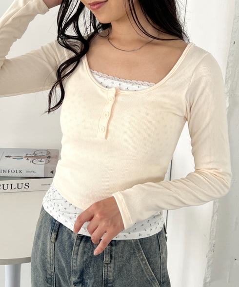 カップ付き小花柄レイヤードコンパクトトップス | CL2253016 | アイボリー