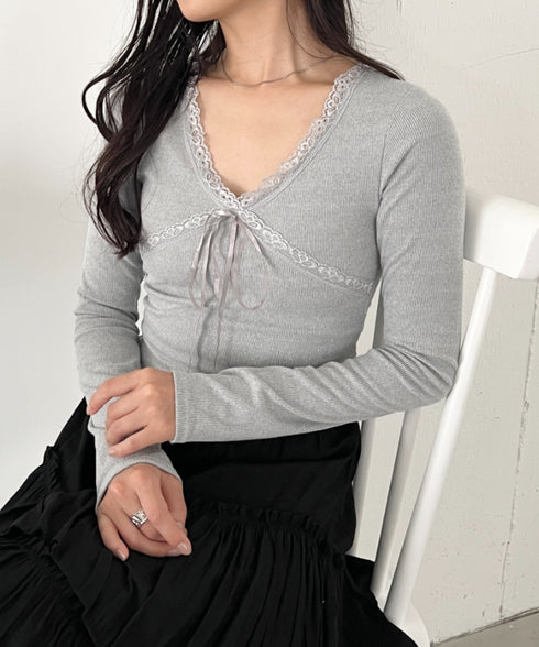 カップ付きレースリボンVネックアソートトップス | CL2253017 | グレー